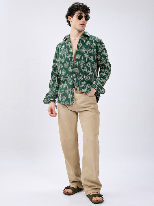 Green Baroqued Floral Loom Contrast Embroidery Shirt
