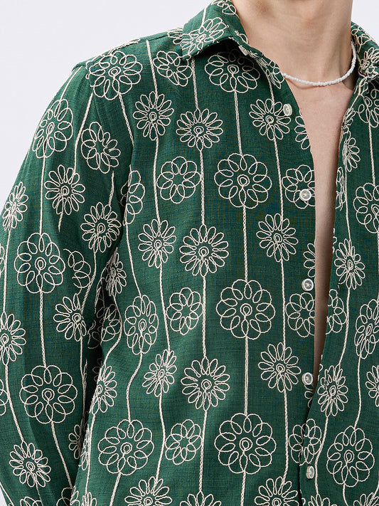 Green Baroqued Floral Loom Contrast Embroidery Shirt