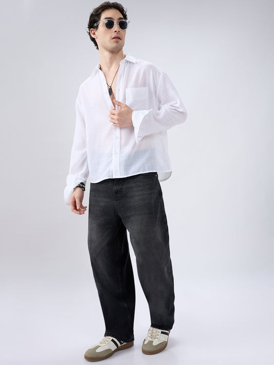 Pearl White Subtle Textured Boxy Fit Crop Shirt