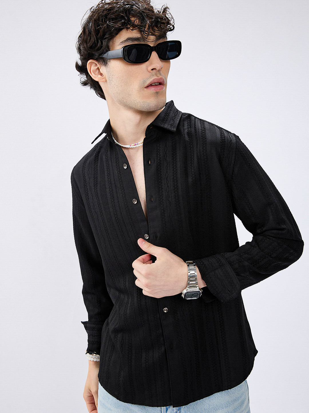 Black Artisan Woven Jacquard Striped Shirt