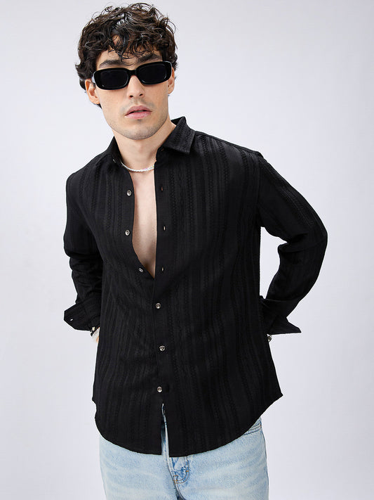 Black Artisan Woven Jacquard Striped Shirt