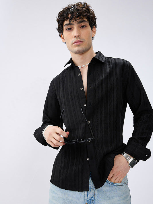 Black Artisan Woven Jacquard Striped Shirt