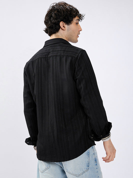 Black Artisan Woven Jacquard Striped Shirt