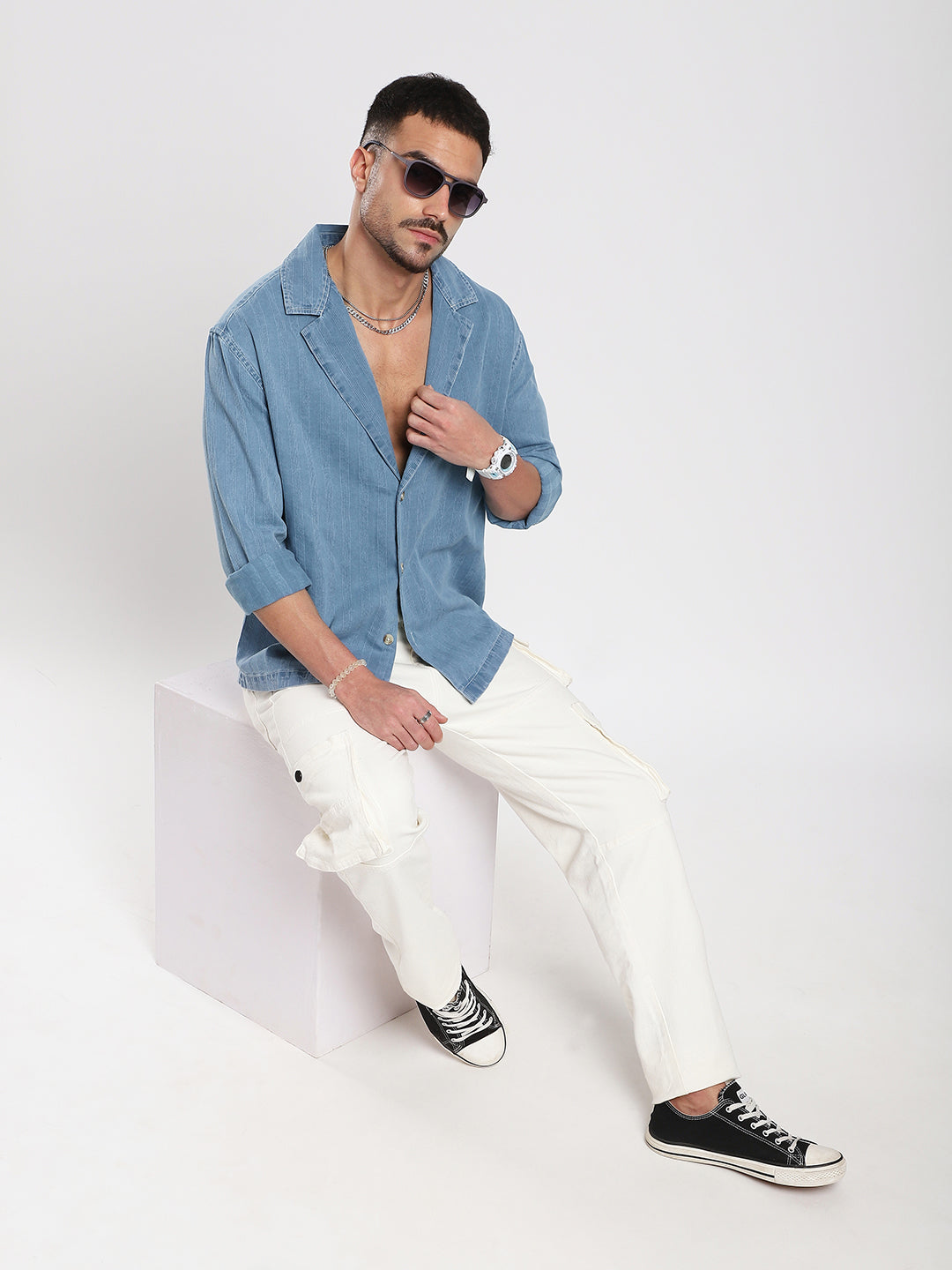 Denim Breeze Horizon Textured Notched Lapel Collar Oversized Shirt