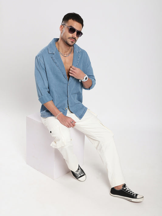 Denim Breeze Horizon Textured Notched Lapel Collar Oversized Shirt