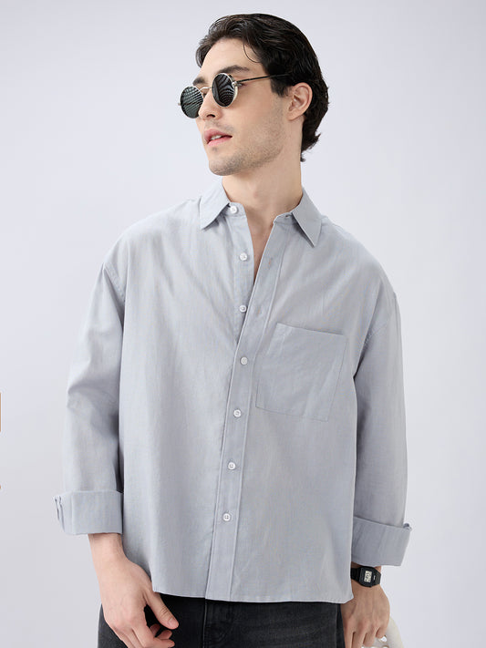 Grey Mood Subtle Slub Linen Oversized Crop Shirt