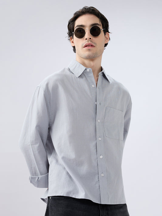 Grey Mood Subtle Slub Linen Oversized Crop Shirt