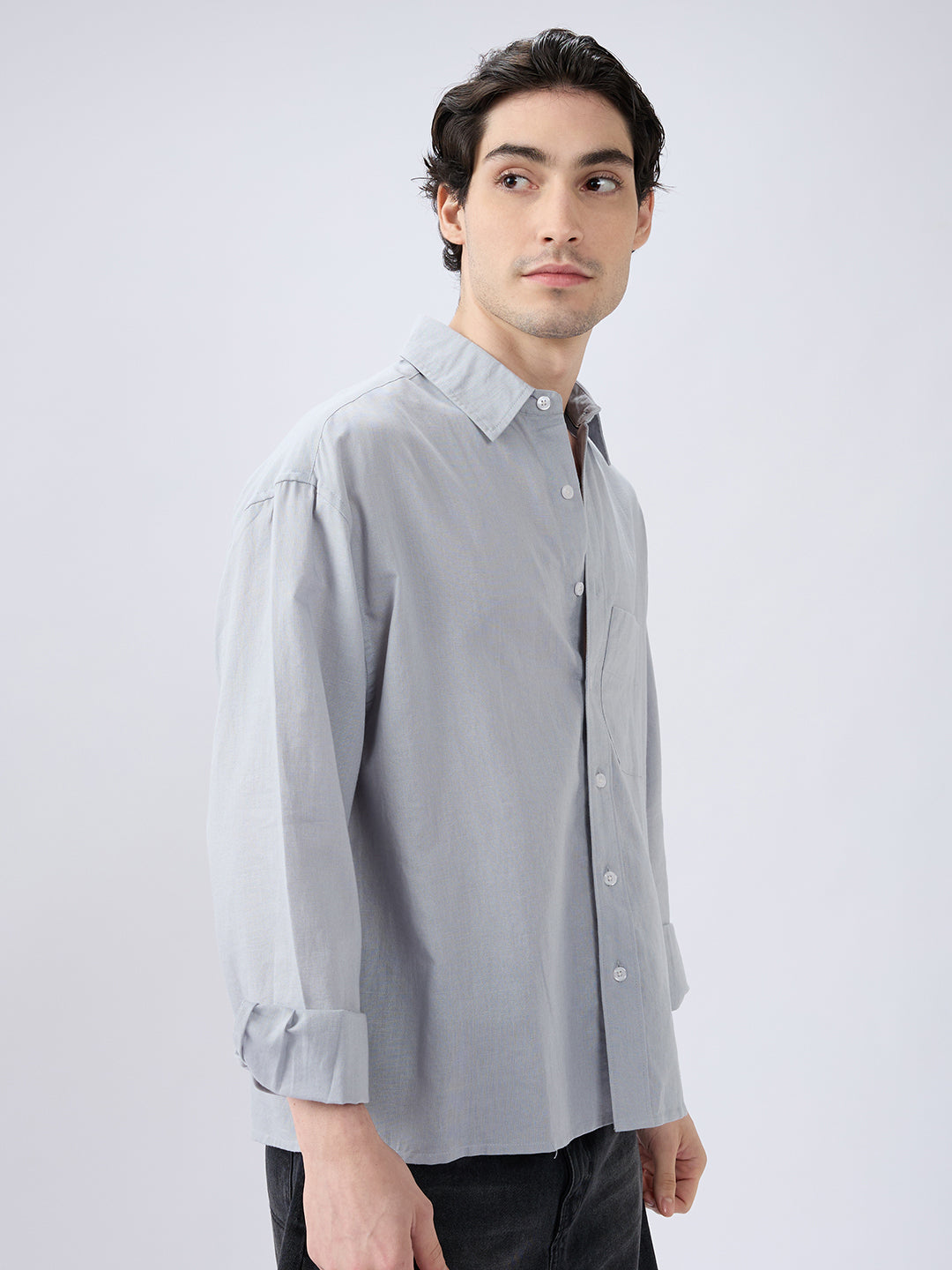 Grey Mood Subtle Slub Linen Oversized Crop Shirt