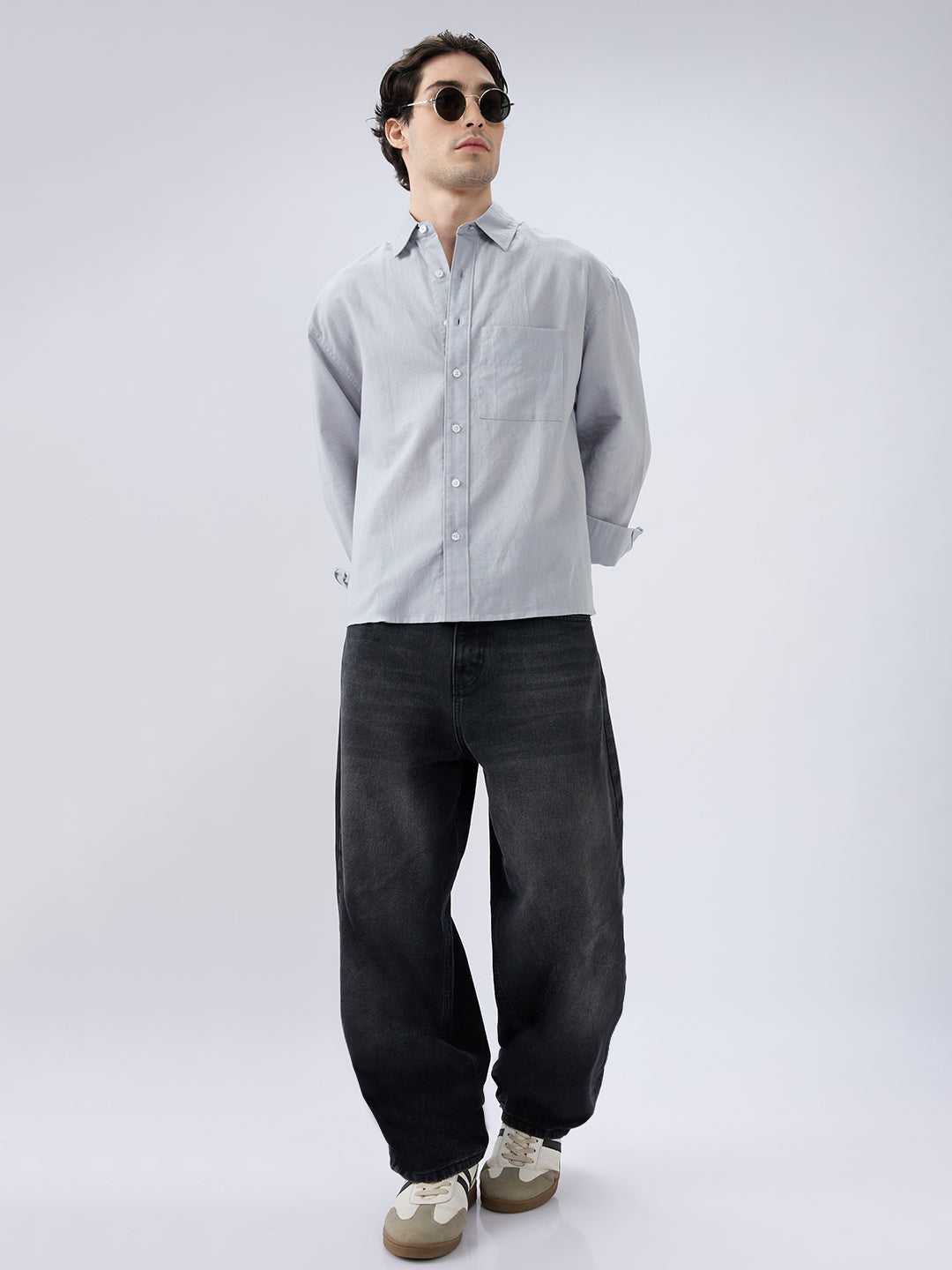 Grey Mood Subtle Slub Linen Oversized Crop Shirt