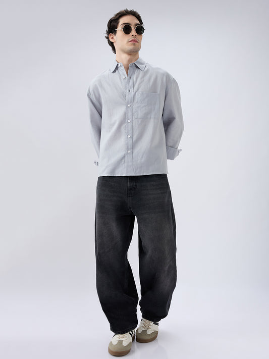 Grey Mood Subtle Slub Linen Oversized Crop Shirt