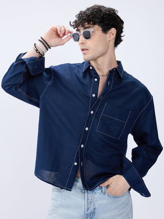 Elegant Navy Contrast Stitch Linen Oversized Crop Shirt