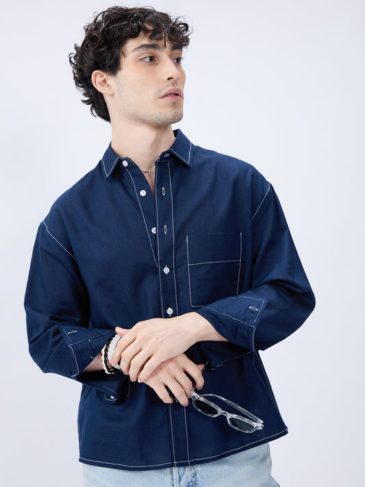 Elegant Navy Contrast Stitch Linen Oversized Crop Shirt