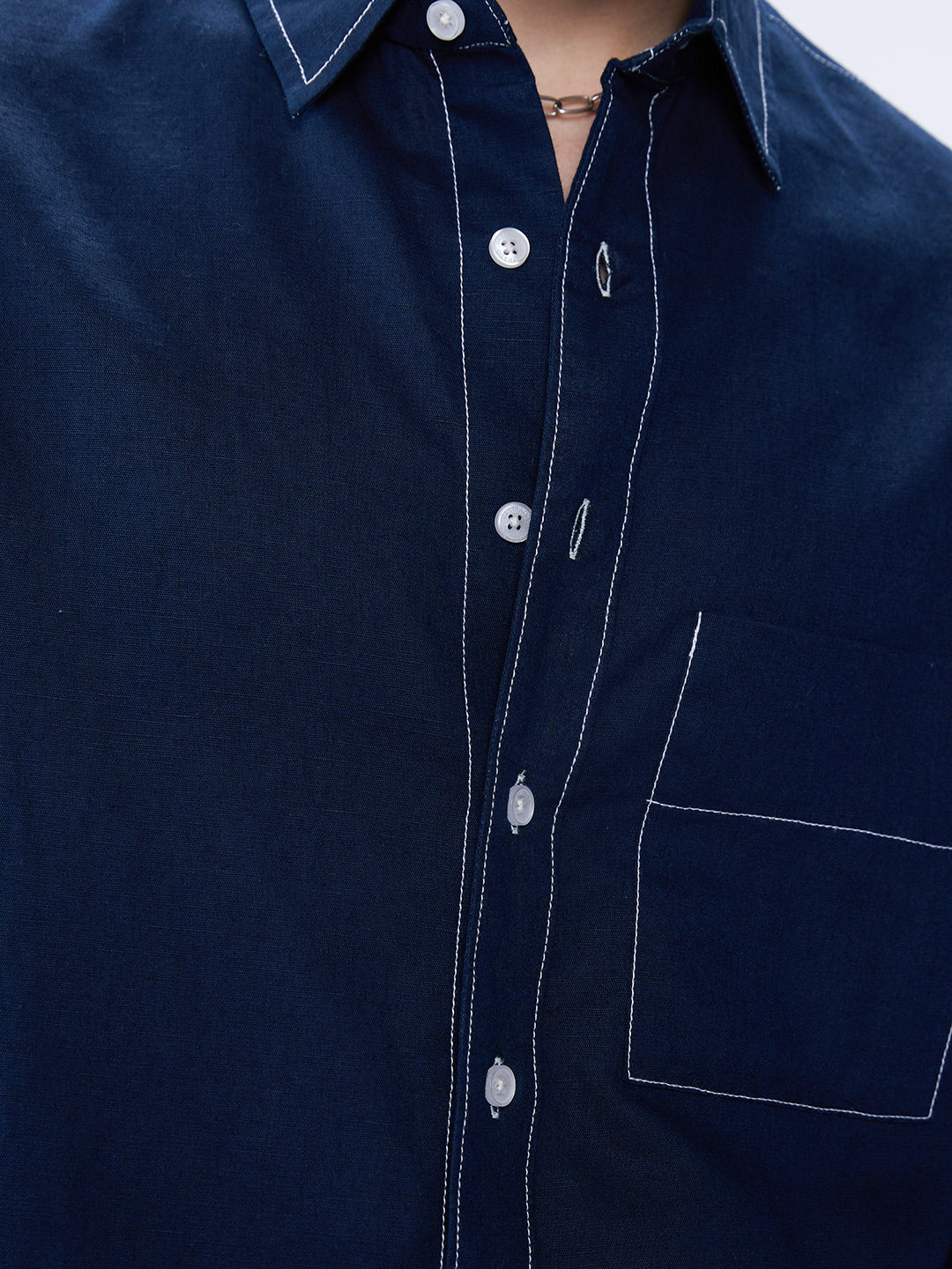 Elegant Navy Contrast Stitch Linen Oversized Crop Shirt