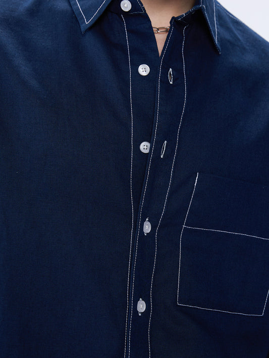 Elegant Navy Contrast Stitch Linen Oversized Crop Shirt