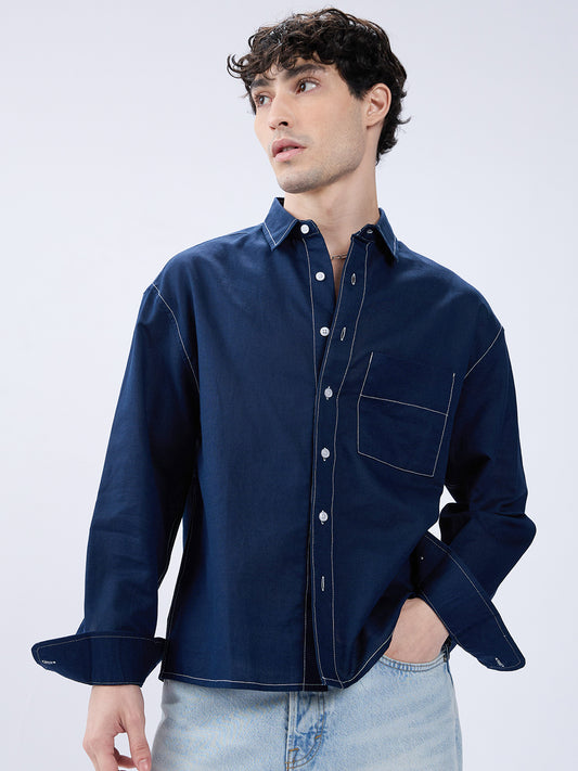 Elegant Navy Contrast Stitch Linen Oversized Crop Shirt