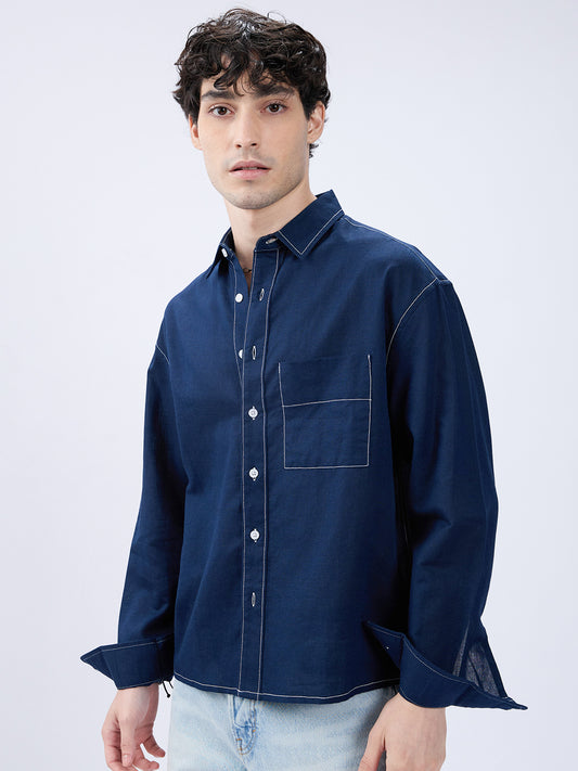 Elegant Navy Contrast Stitch Linen Oversized Crop Shirt