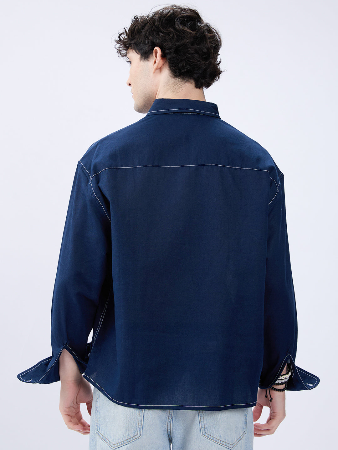 Elegant Navy Contrast Stitch Linen Oversized Crop Shirt