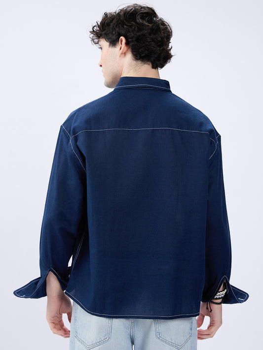 Elegant Navy Contrast Stitch Linen Oversized Crop Shirt