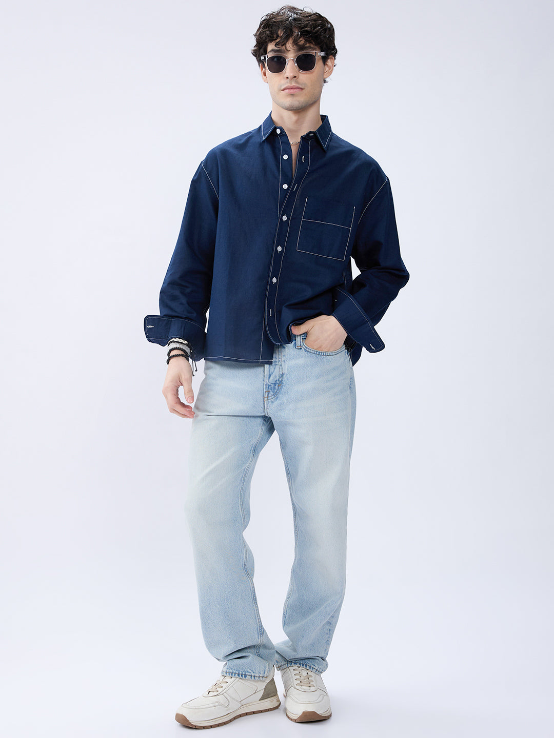 Elegant Navy Contrast Stitch Linen Oversized Crop Shirt
