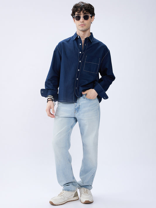 Elegant Navy Contrast Stitch Linen Oversized Crop Shirt