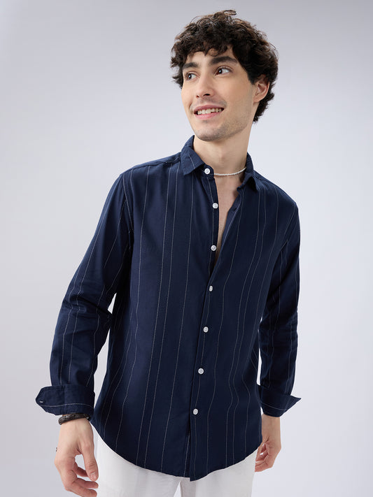 Navy Contrast Stitch Vertical Striped Shirt