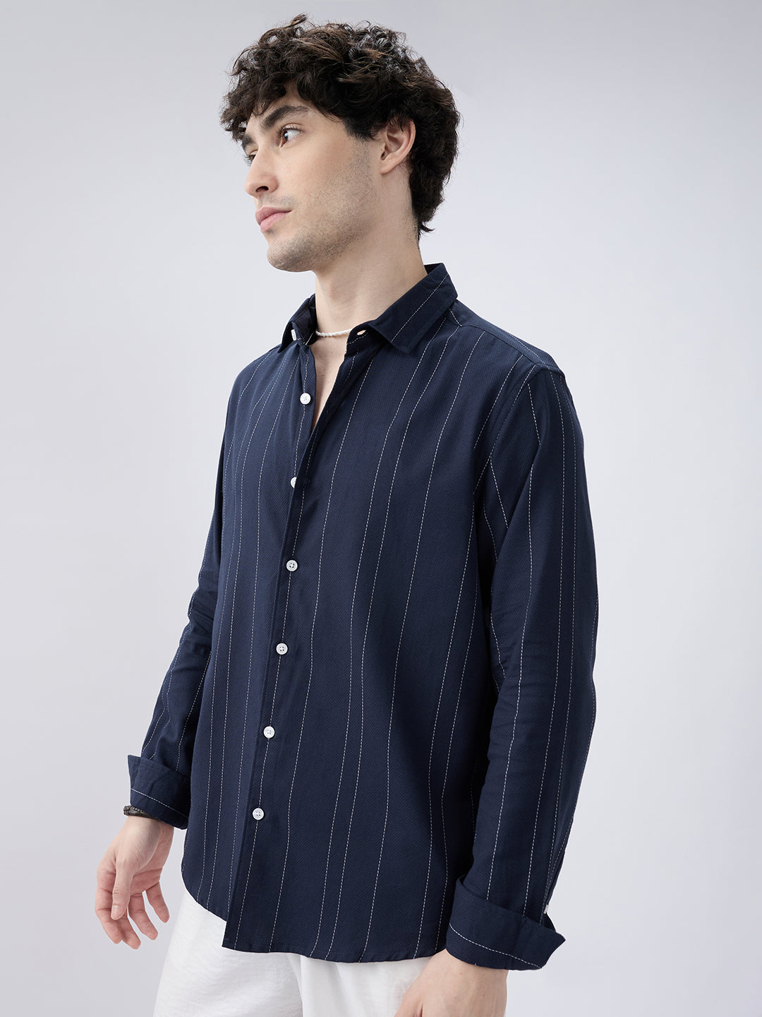 Navy Contrast Stitch Vertical Striped Shirt