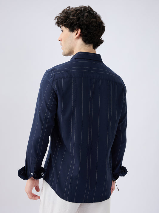 Navy Contrast Stitch Vertical Striped Shirt