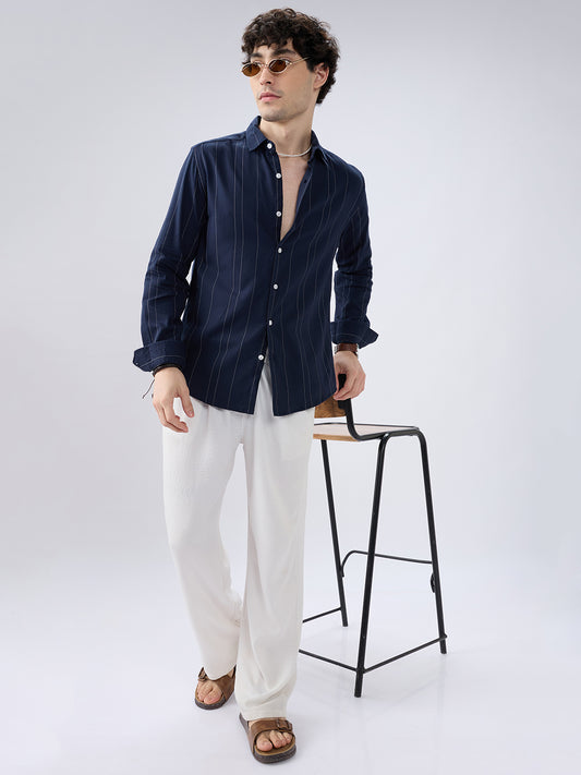 Navy Contrast Stitch Vertical Striped Shirt