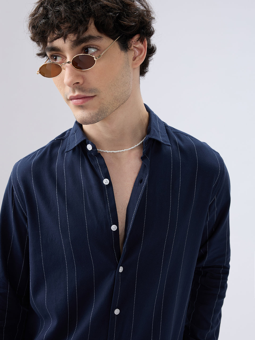 Navy Contrast Stitch Vertical Striped Shirt