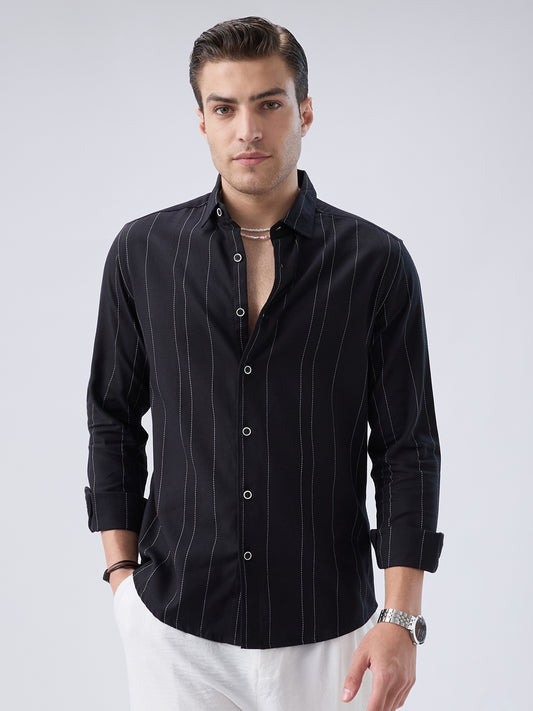 Black Contrast Stitch Vertical Striped Shirt