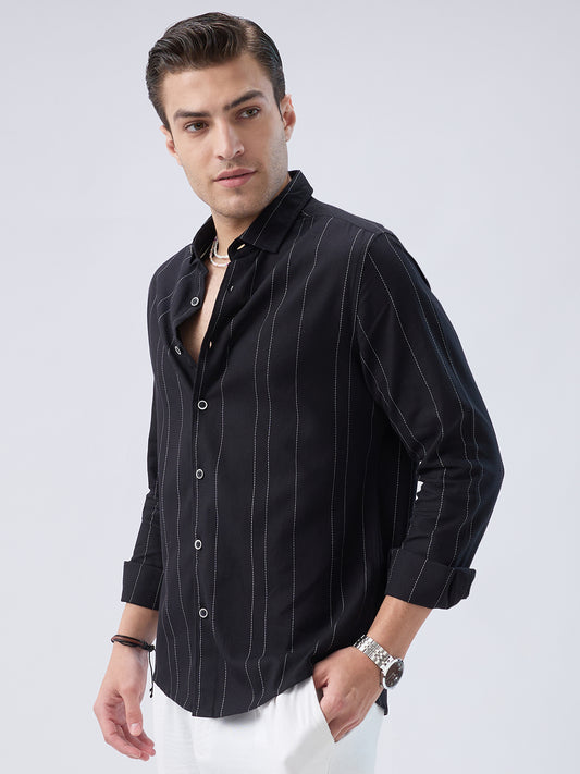 Black Contrast Stitch Vertical Striped Shirt