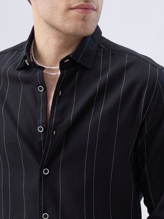 Black Contrast Stitch Vertical Striped Shirt