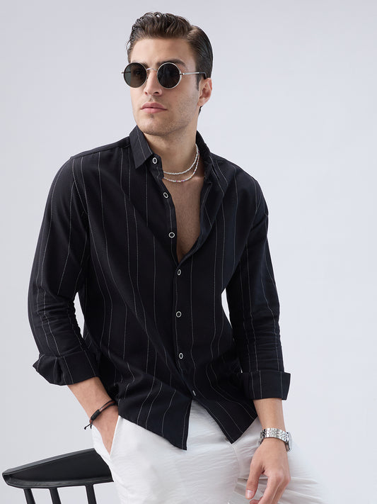 Black Contrast Stitch Vertical Striped Shirt