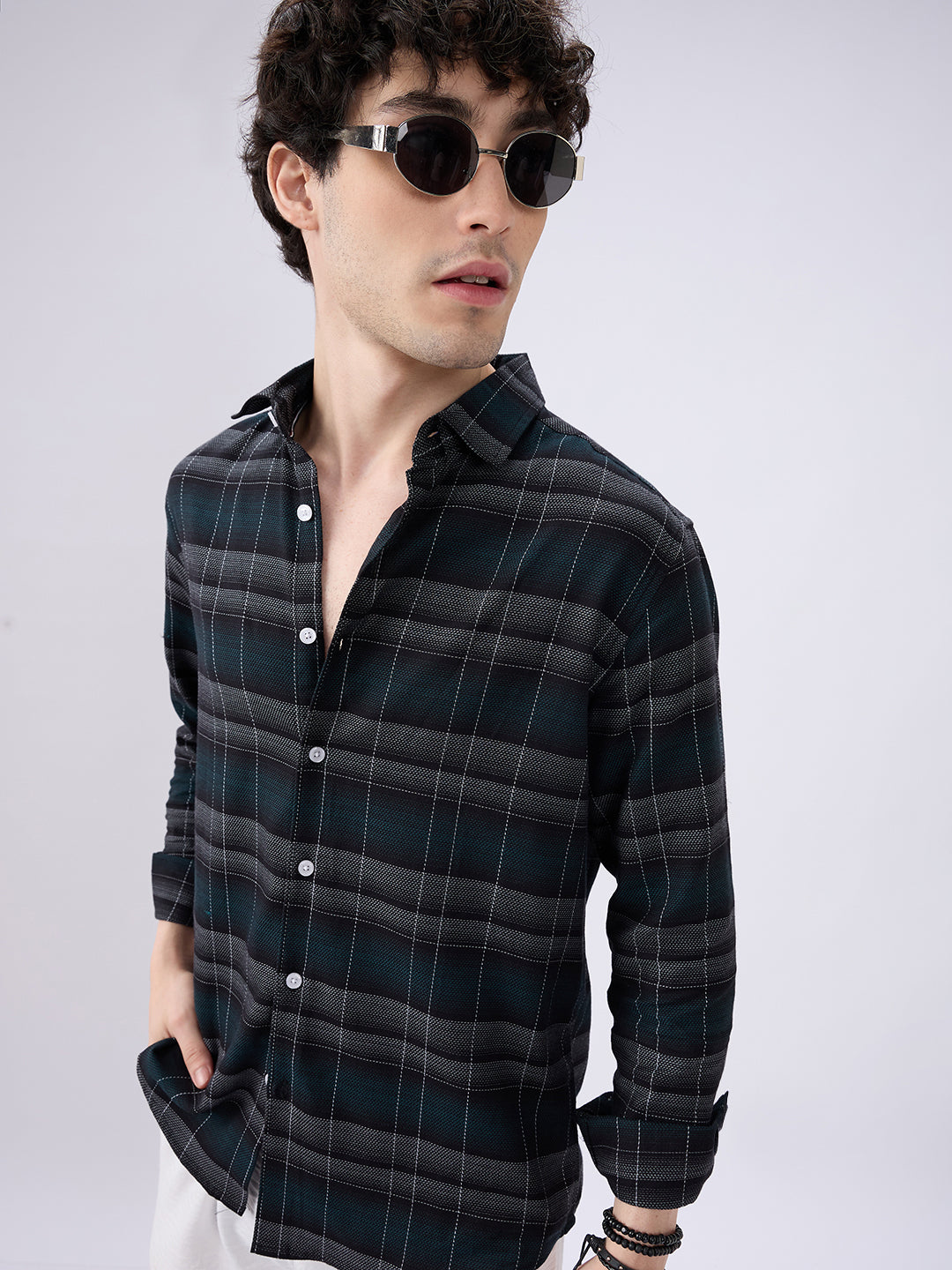 Premium Cotton Black Windowpane Checkered Grid Shirt