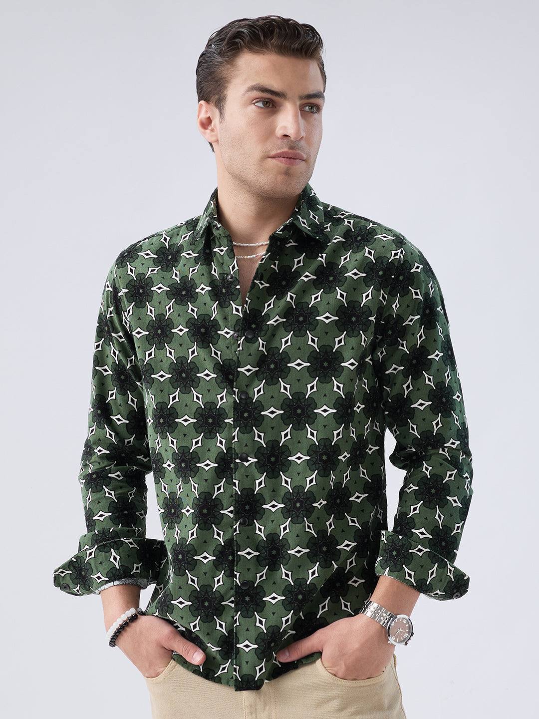 Emerald Green Floral Bloom Corduroy Shirt