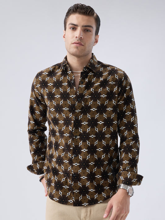 Coffee Brown Floral Bloom Corduroy Shirt