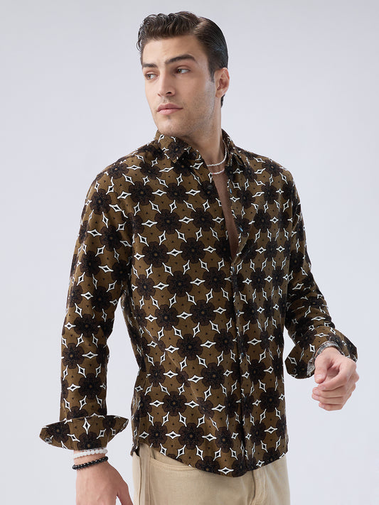 Coffee Brown Floral Bloom Corduroy Shirt