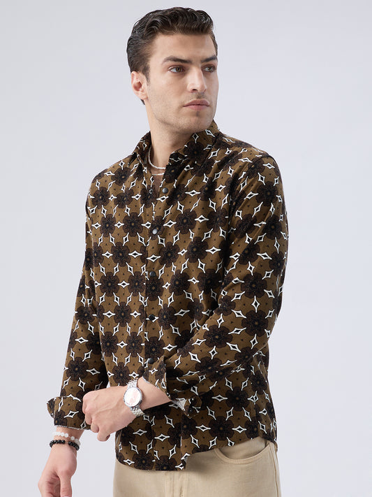 Coffee Brown Floral Bloom Corduroy Shirt