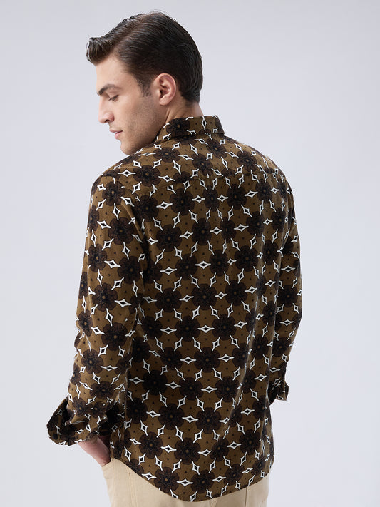Coffee Brown Floral Bloom Corduroy Shirt