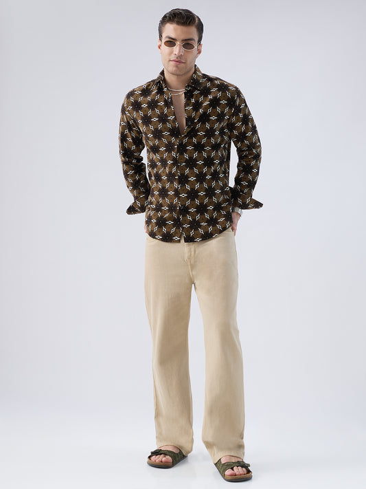 Coffee Brown Floral Bloom Corduroy Shirt