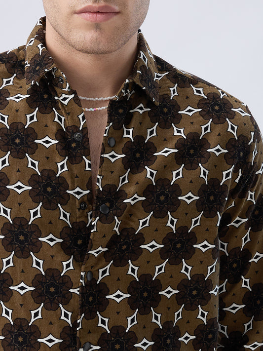 Coffee Brown Floral Bloom Corduroy Shirt