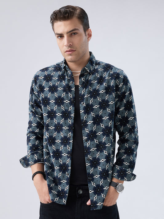 Ocean Blue Motif Bloom Corduroy Shirt