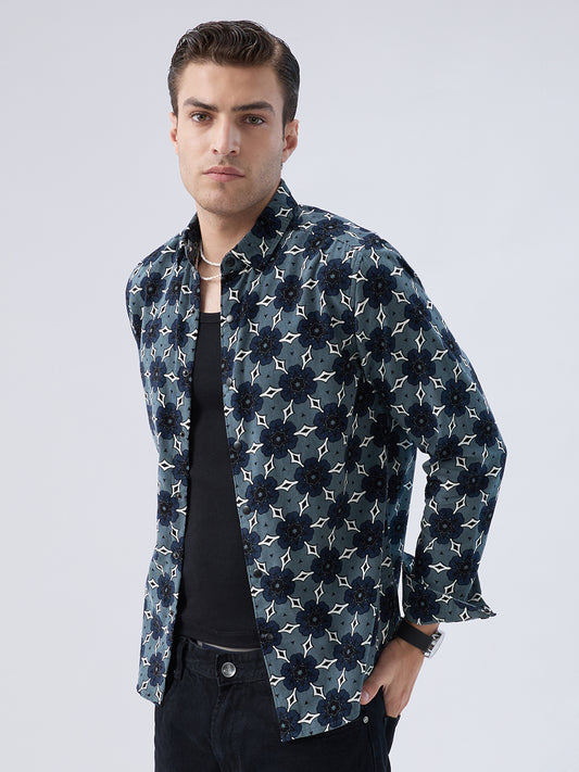 Ocean Blue Motif Bloom Corduroy Shirt