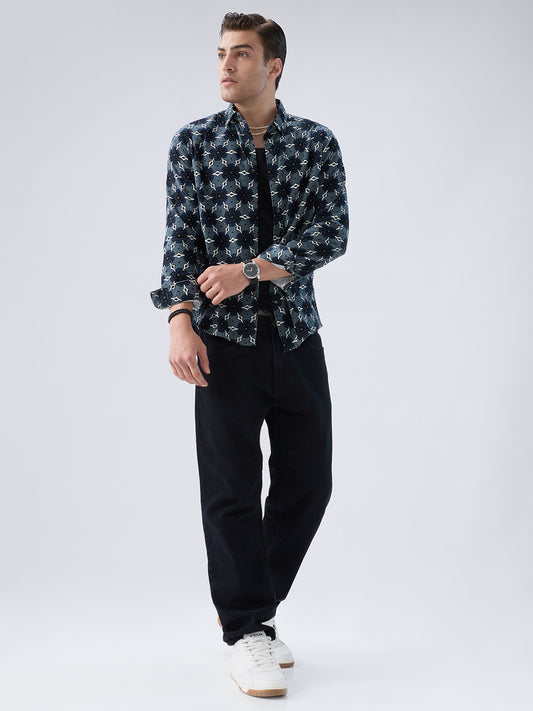 Ocean Blue Motif Bloom Corduroy Shirt