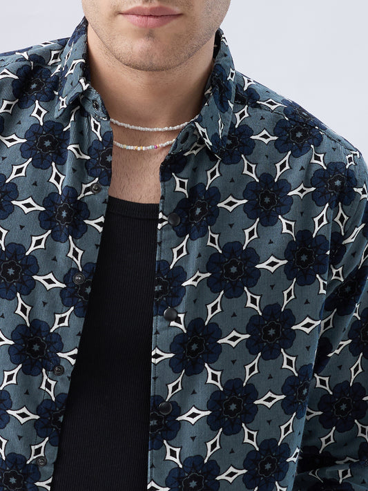 Ocean Blue Motif Bloom Corduroy Shirt