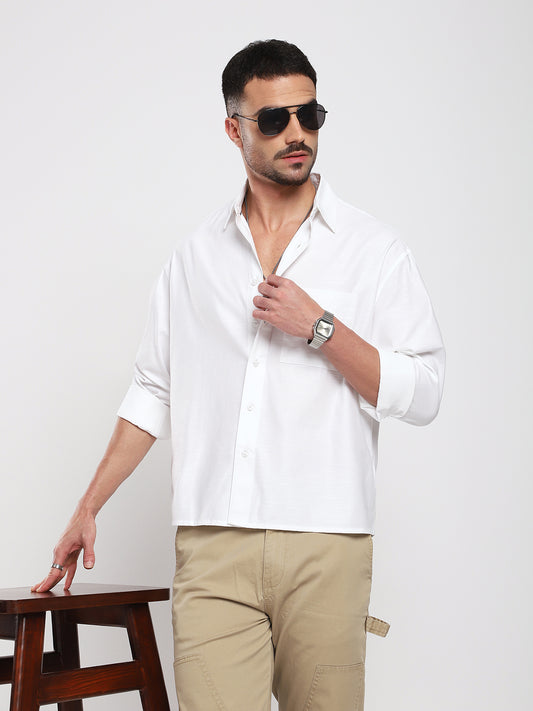 Pearl White Refined Slub Texture Oversized Crop Shirt