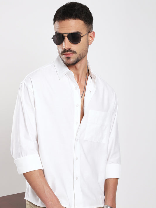 Pearl White Refined Slub Texture Oversized Crop Shirt