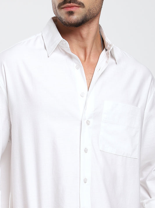 Pearl White Refined Slub Texture Oversized Crop Shirt