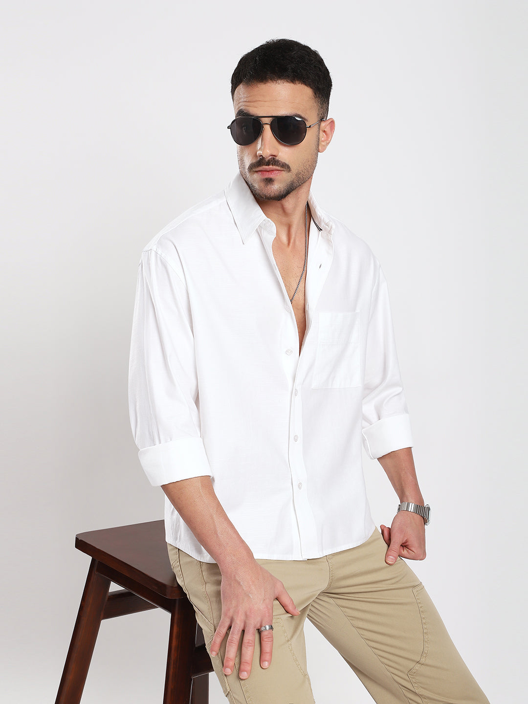 Pearl White Refined Slub Texture Oversized Crop Shirt