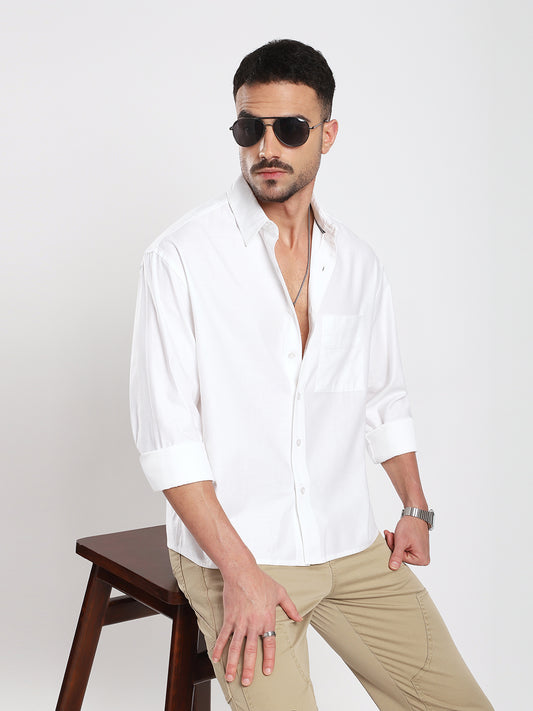 Pearl White Refined Slub Texture Oversized Crop Shirt